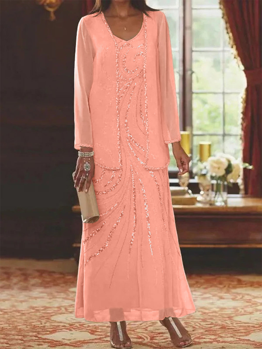 Robe Femme Élégante Longue Avec Veste Paillettes Col V Style Soirée Mariage
