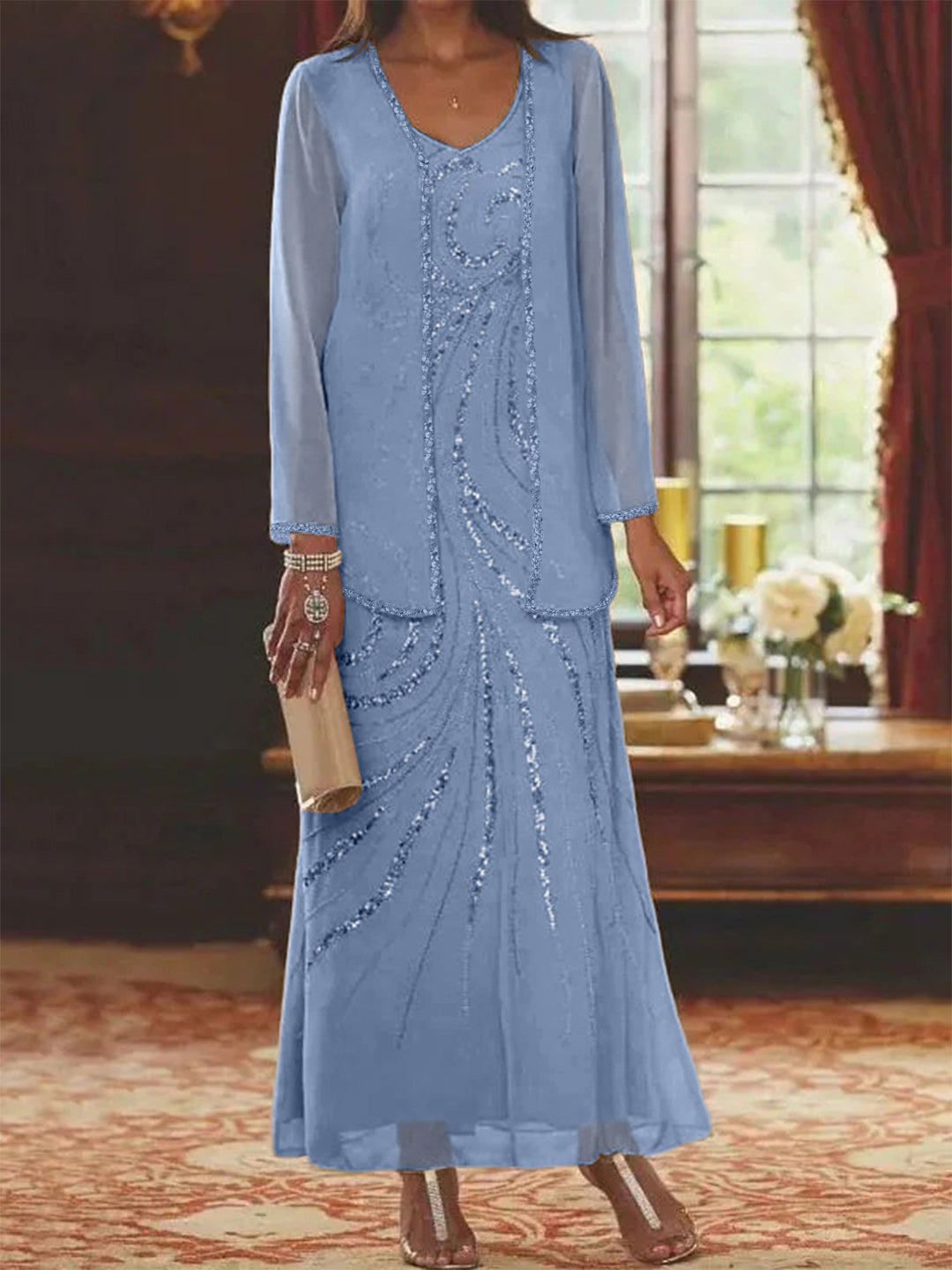 Robe Femme Élégante Longue Avec Veste Paillettes Col V Style Soirée Mariage