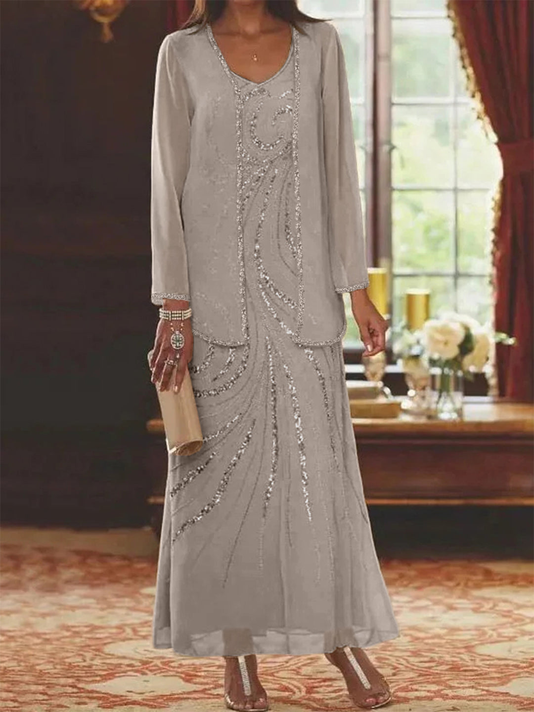 Robe Femme Élégante Longue Avec Veste Paillettes Col V Style Soirée Mariage