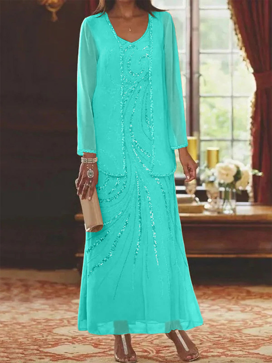 Robe Femme Élégante Longue Avec Veste Paillettes Col V Style Soirée Mariage