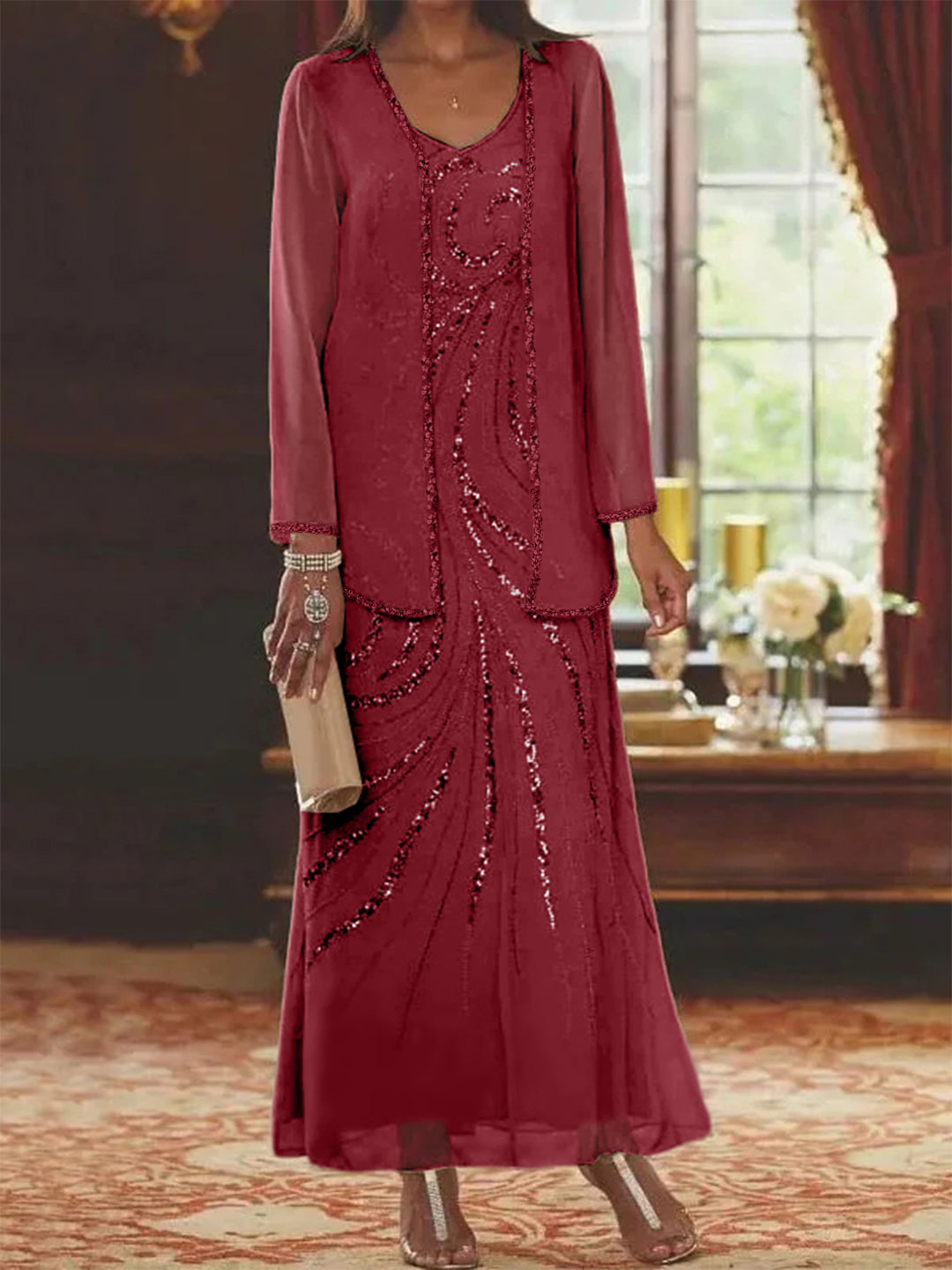 Robe Femme Élégante Longue Avec Veste Paillettes Col V Style Soirée Mariage