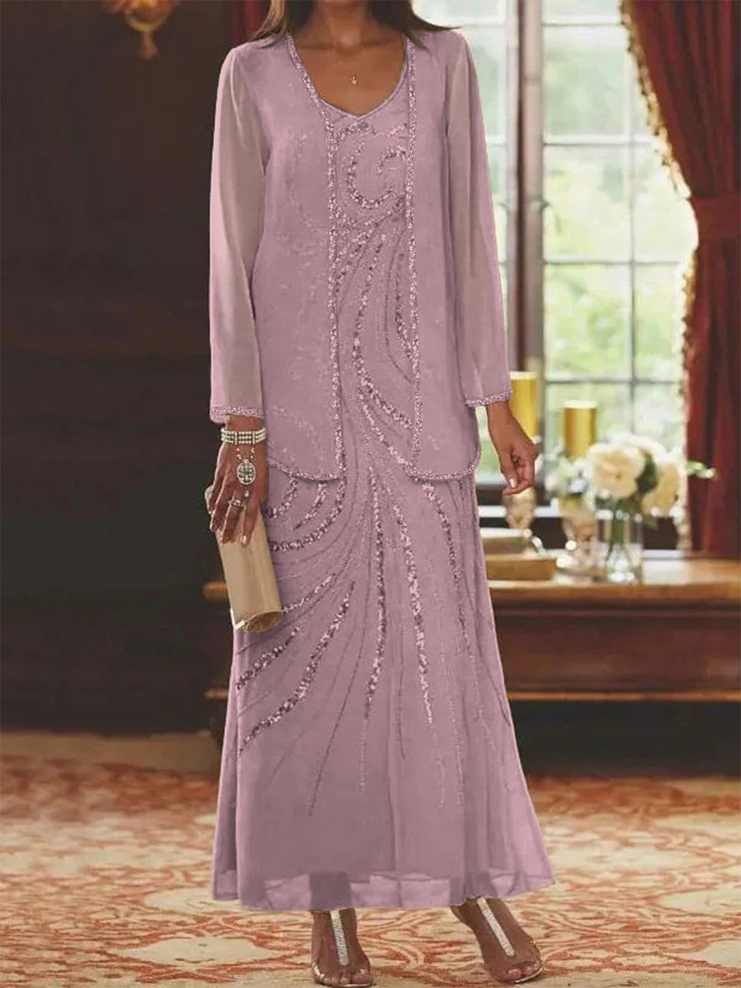 Robe Femme Élégante Longue Avec Veste Paillettes Col V Style Soirée Mariage