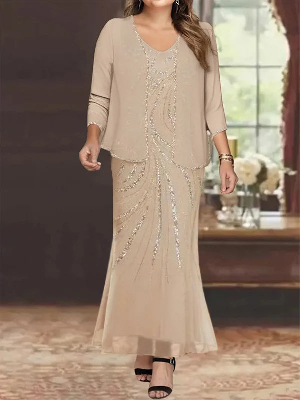 Robe Femme Élégante Longue Avec Veste Paillettes Col V Style Soirée Mariage