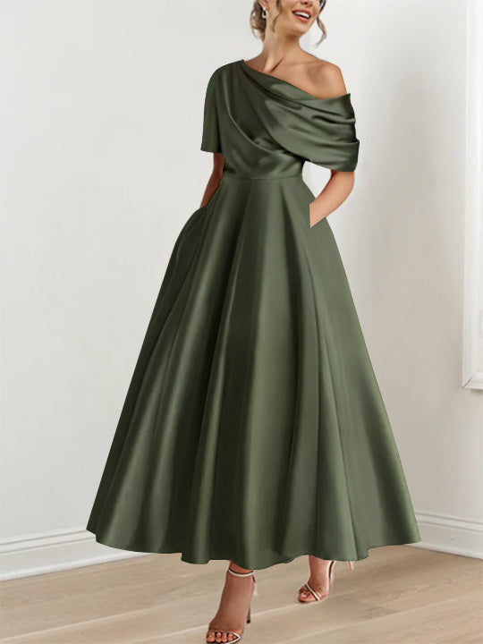 Robe Femme Élégante A-Line Épaule Dénudée Satin Volants Longueur Cheville