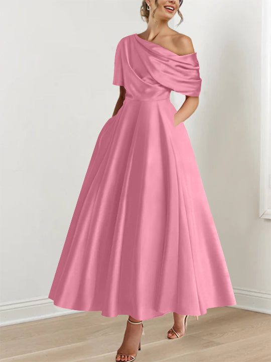 Robe Femme Élégante A-Line Épaule Dénudée Satin Volants Longueur Cheville