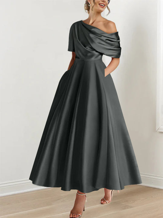 Robe Femme Élégante A-Line Épaule Dénudée Satin Volants Longueur Cheville
