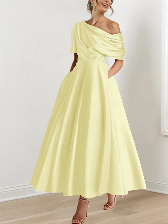 Robe Femme Élégante A-Line Épaule Dénudée Satin Volants Longueur Cheville