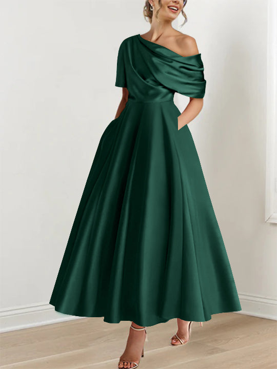 Robe Femme Élégante A-Line Épaule Dénudée Satin Volants Longueur Cheville