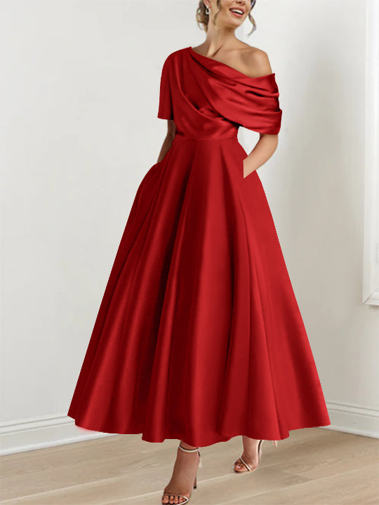 Robe Femme Élégante A-Line Épaule Dénudée Satin Volants Longueur Cheville