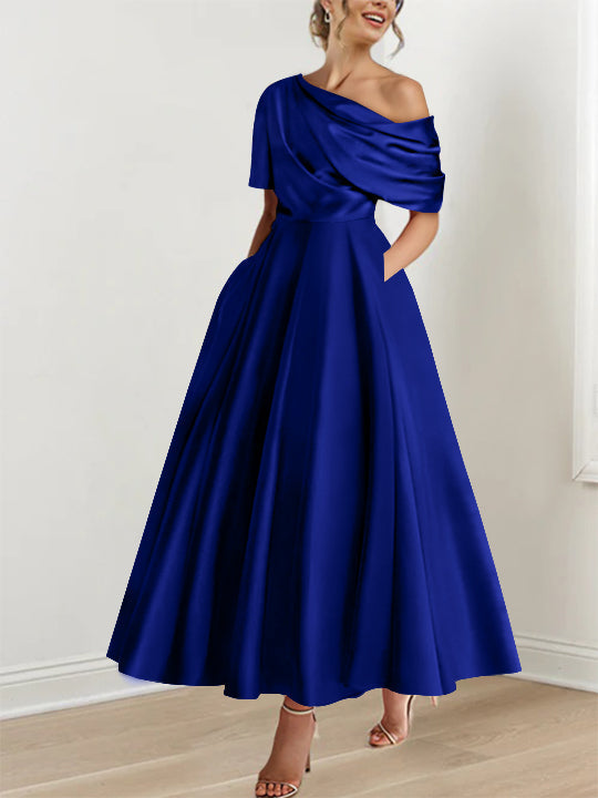 Robe Femme Élégante A-Line Épaule Dénudée Satin Volants Longueur Cheville