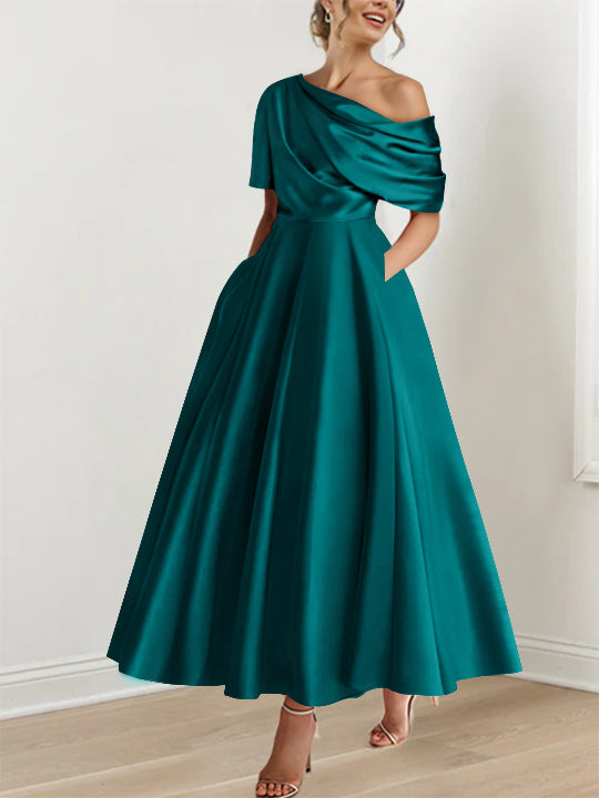 Robe Femme Élégante A-Line Épaule Dénudée Satin Volants Longueur Cheville