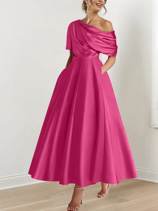 Robe Femme Élégante A-Line Épaule Dénudée Satin Volants Longueur Cheville