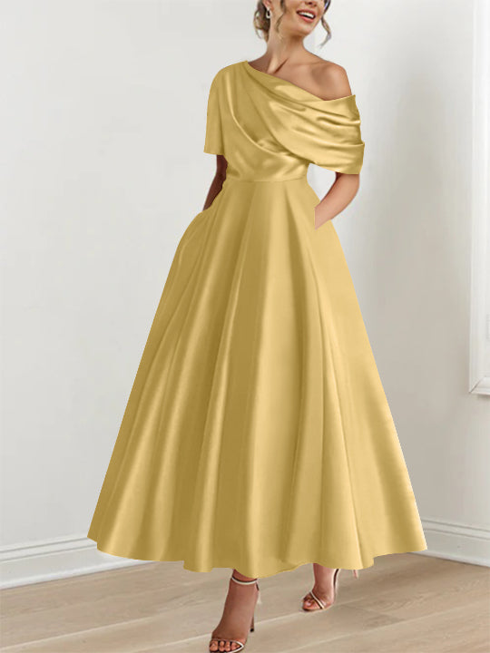 Robe Femme Élégante A-Line Épaule Dénudée Satin Volants Longueur Cheville