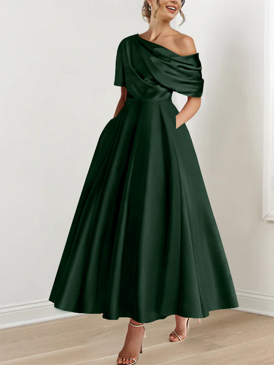 Robe Femme Élégante A-Line Épaule Dénudée Satin Volants Longueur Cheville