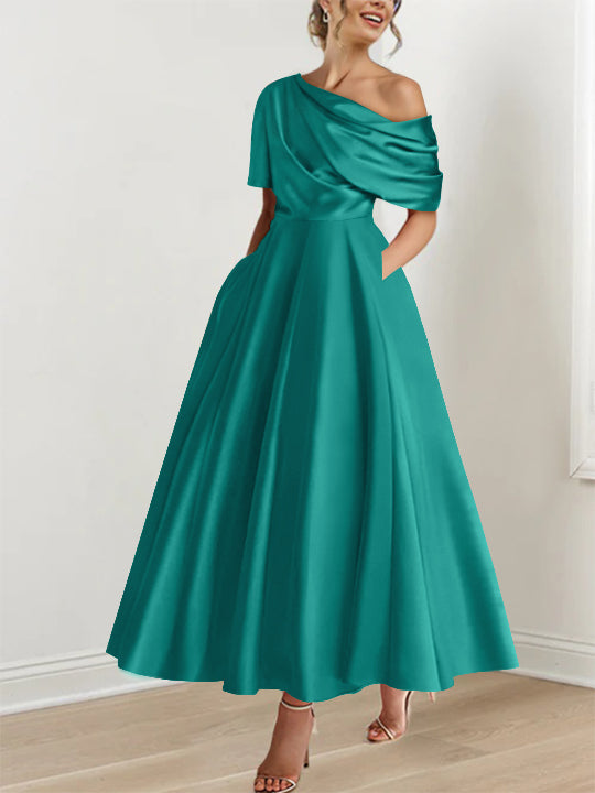 Robe Femme Élégante A-Line Épaule Dénudée Satin Volants Longueur Cheville