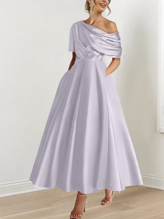 Robe Femme Élégante A-Line Épaule Dénudée Satin Volants Longueur Cheville