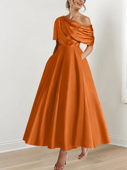 Robe Femme Élégante A-Line Épaule Dénudée Satin Volants Longueur Cheville