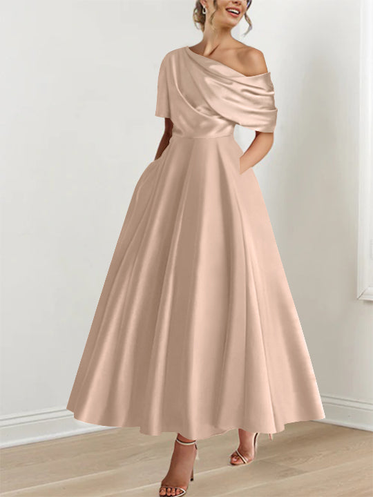Robe Femme Élégante A-Line Épaule Dénudée Satin Volants Longueur Cheville