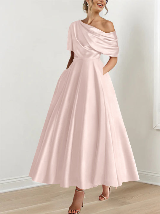 Robe Femme Élégante A-Line Épaule Dénudée Satin Volants Longueur Cheville