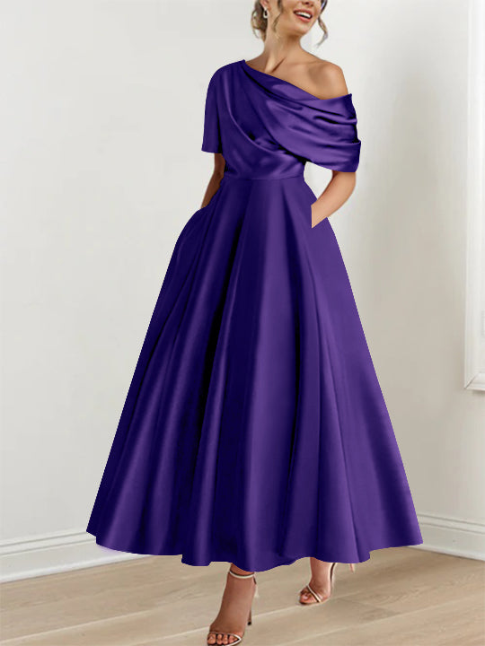 Robe Femme Élégante A-Line Épaule Dénudée Satin Volants Longueur Cheville