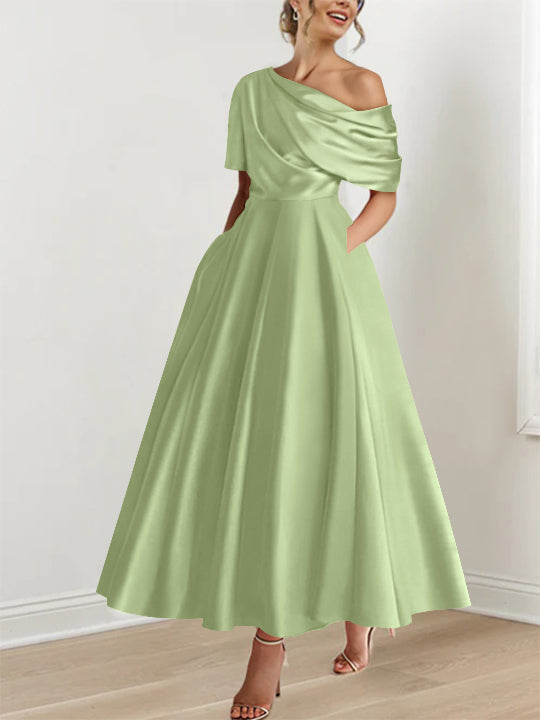 Robe Femme Élégante A-Line Épaule Dénudée Satin Volants Longueur Cheville