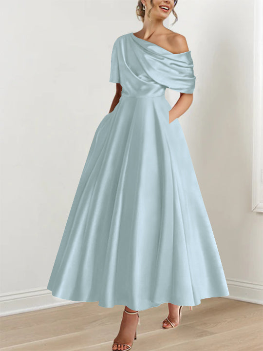Robe Femme Élégante A-Line Épaule Dénudée Satin Volants Longueur Cheville