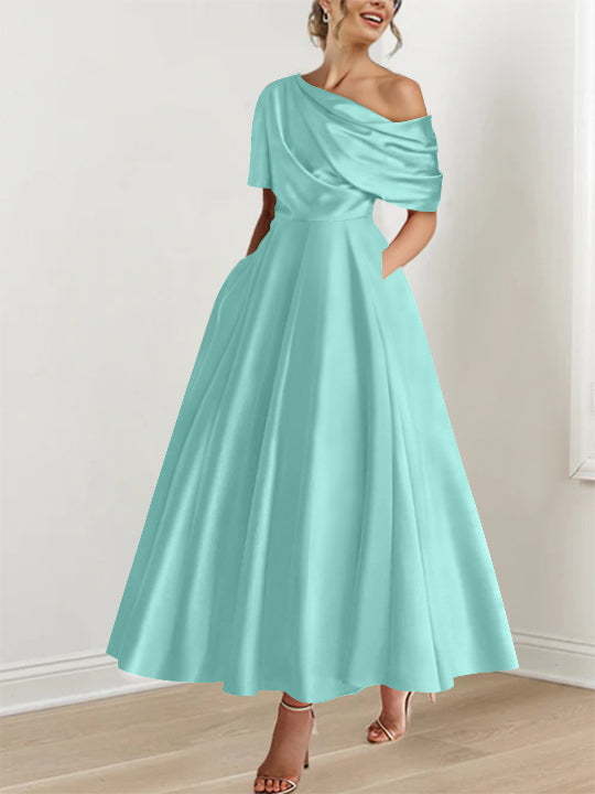 Robe Femme Élégante A-Line Épaule Dénudée Satin Volants Longueur Cheville