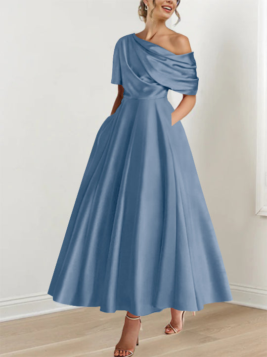Robe Femme Élégante A-Line Épaule Dénudée Satin Volants Longueur Cheville