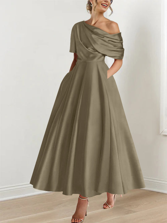 Robe Femme Élégante A-Line Épaule Dénudée Satin Volants Longueur Cheville
