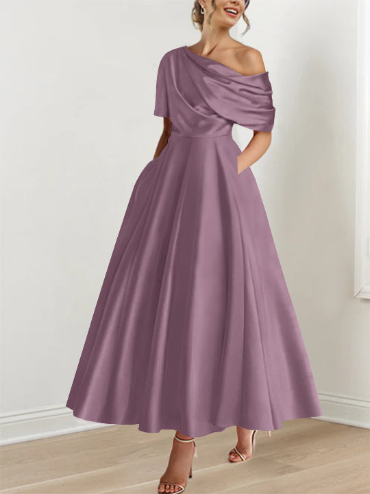 Robe Femme Élégante A-Line Épaule Dénudée Satin Volants Longueur Cheville