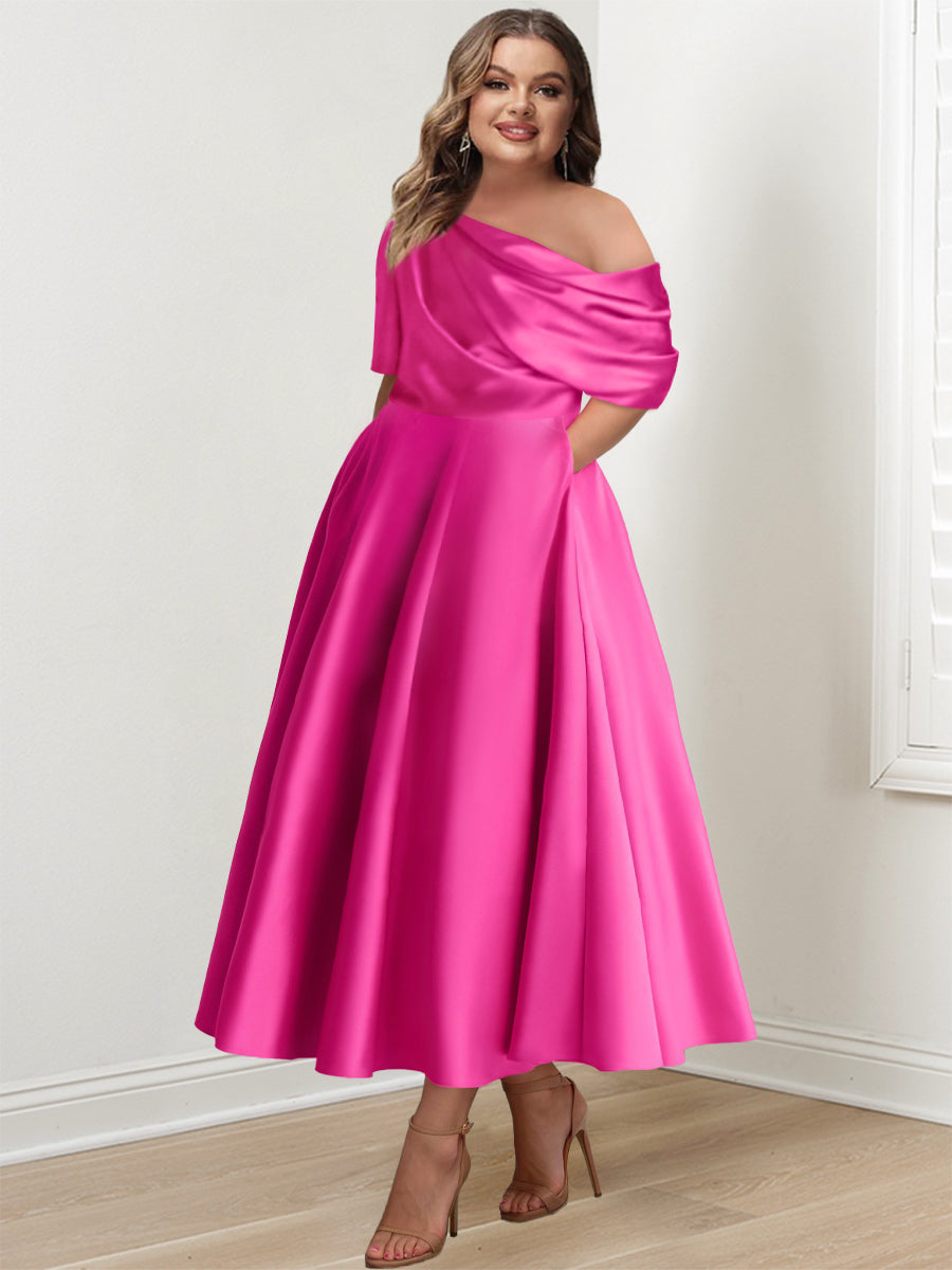 Robe Femme Élégante A-Line Épaule Dénudée Satin Volants Longueur Cheville