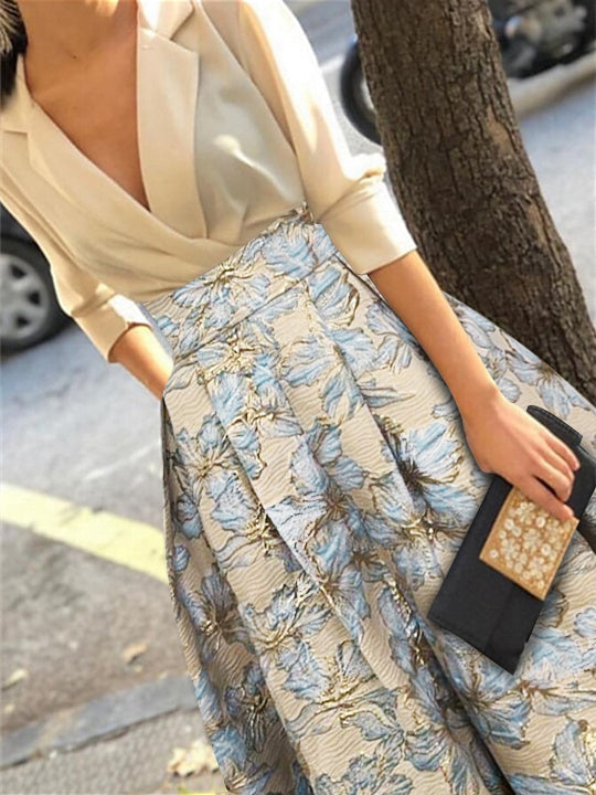 Robe Femme Longue Élégante Col Chemise A-Line Imprimé Floral Style Mariage