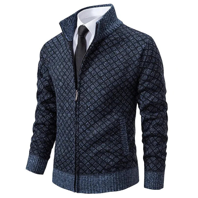 Cardigan Homme Zippé Col Montant Tricot Jacquard Losangé