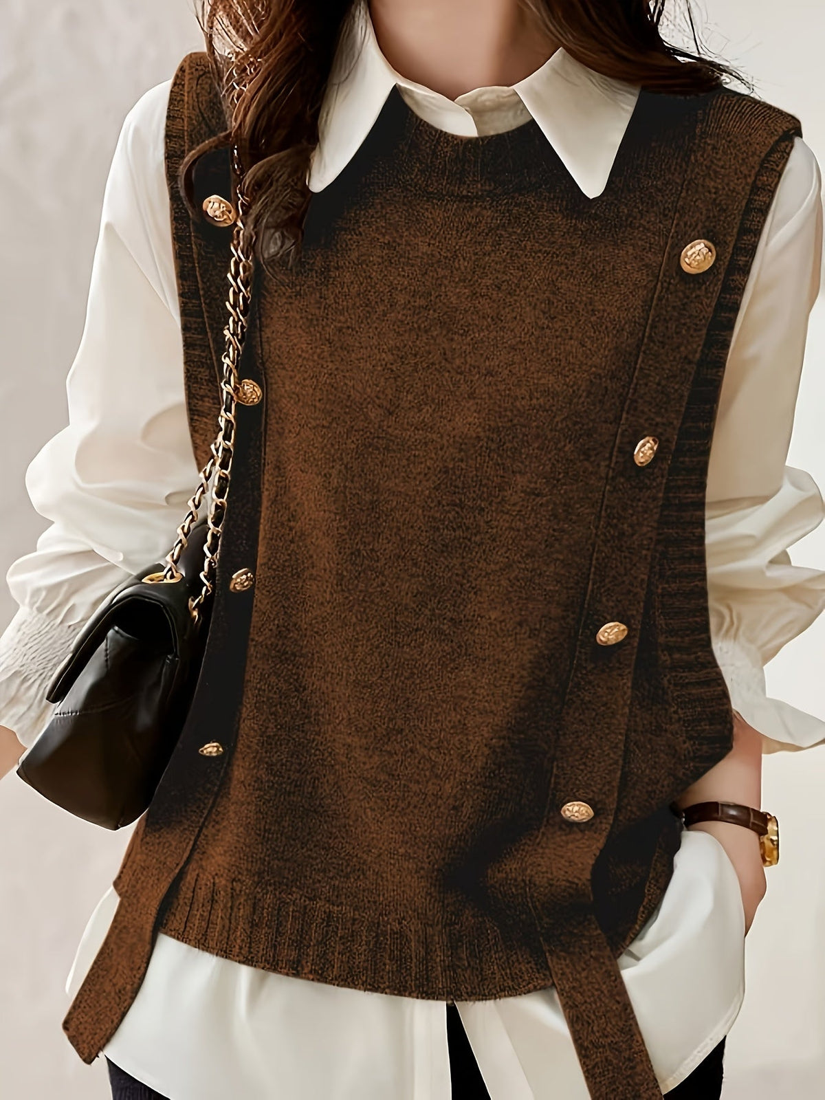 Gilet sans manches femme en maille à boutons décoratifs