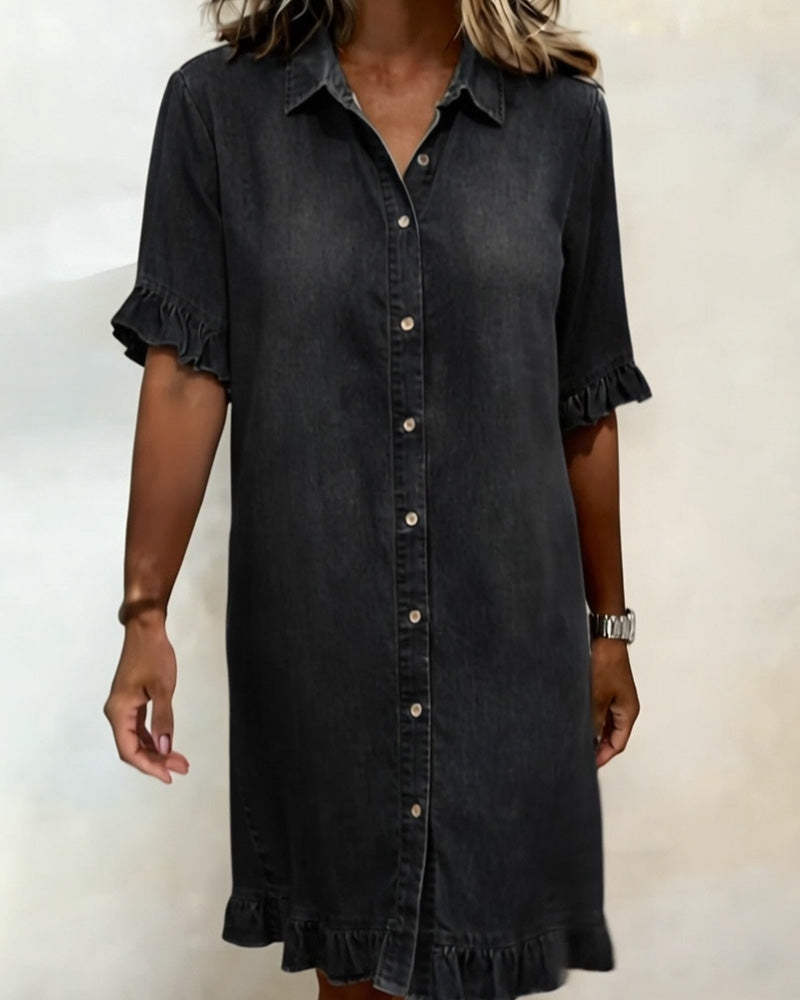 Robe femme en denim confortable avec boutons et détails volantés
