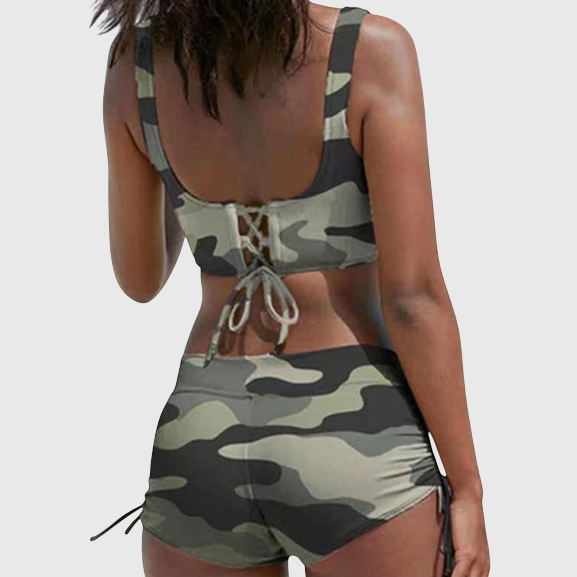 Bikini femme camouflage deux pièces crop top torsadé short froncé ajustable
