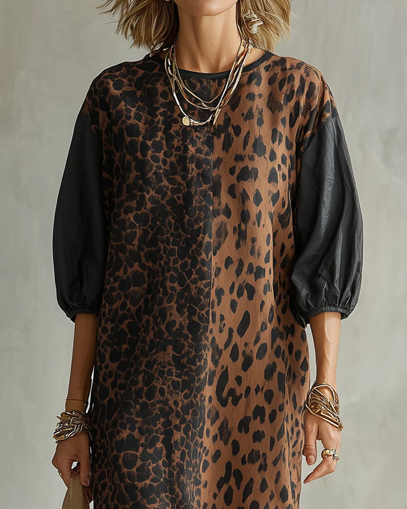 Robe femme léopard fluide à manches bouffantes