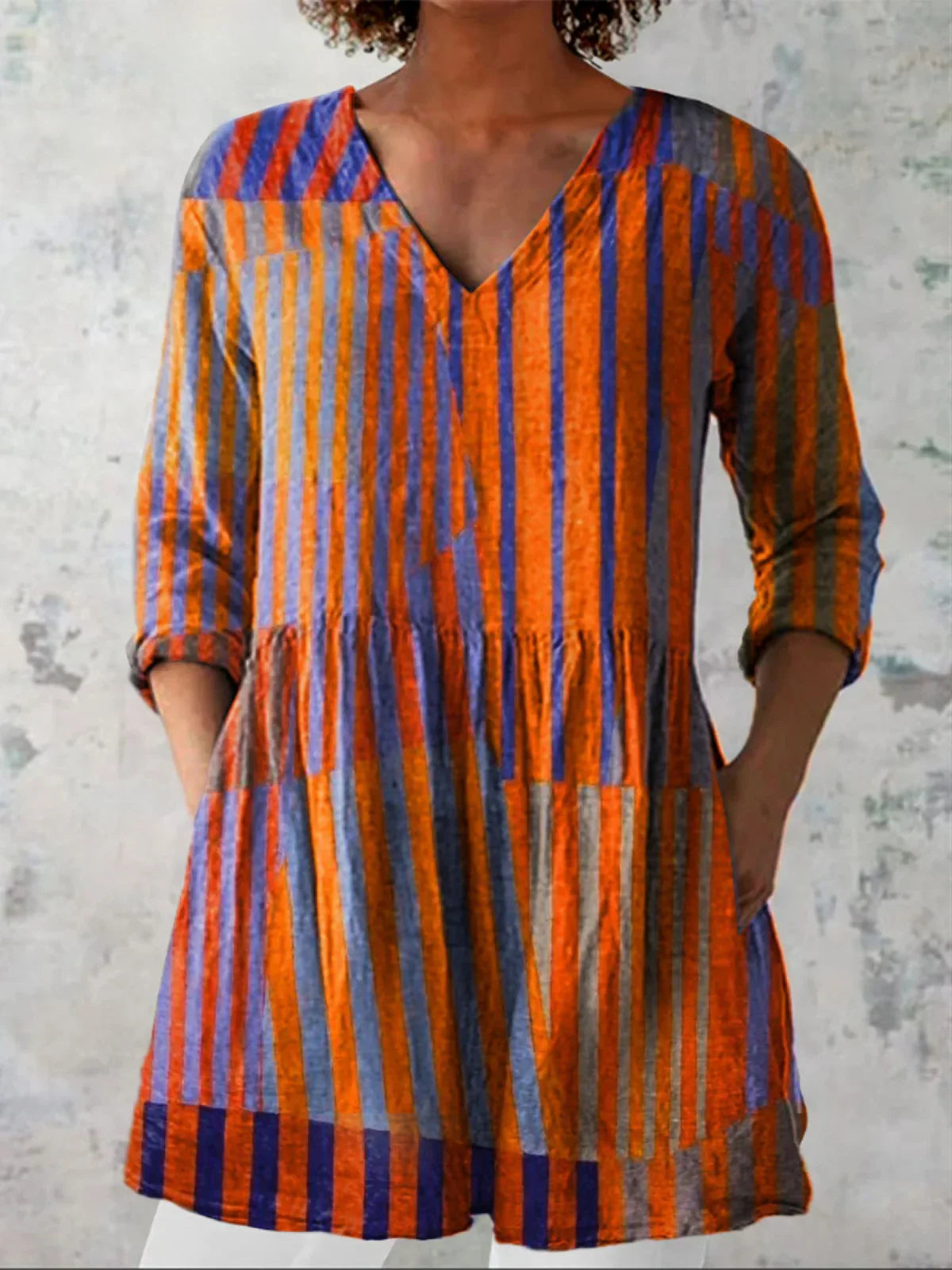 Tunique Longue Femme à Rayures Graphiques et Décolleté en V
