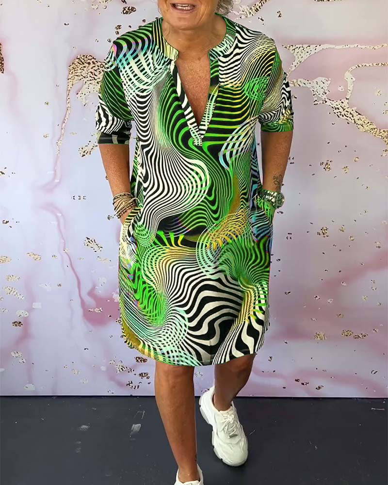 Robe Femme Col V Zippé Imprimé Ondes Abstraites Multicolores Poches