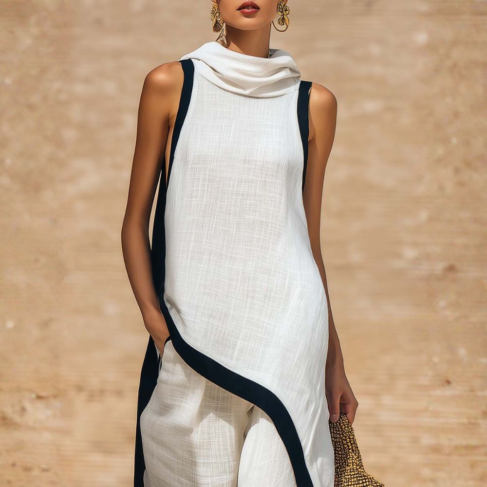 Tenue femme en lin et coton avec tunique asymétrique et pantalon large
