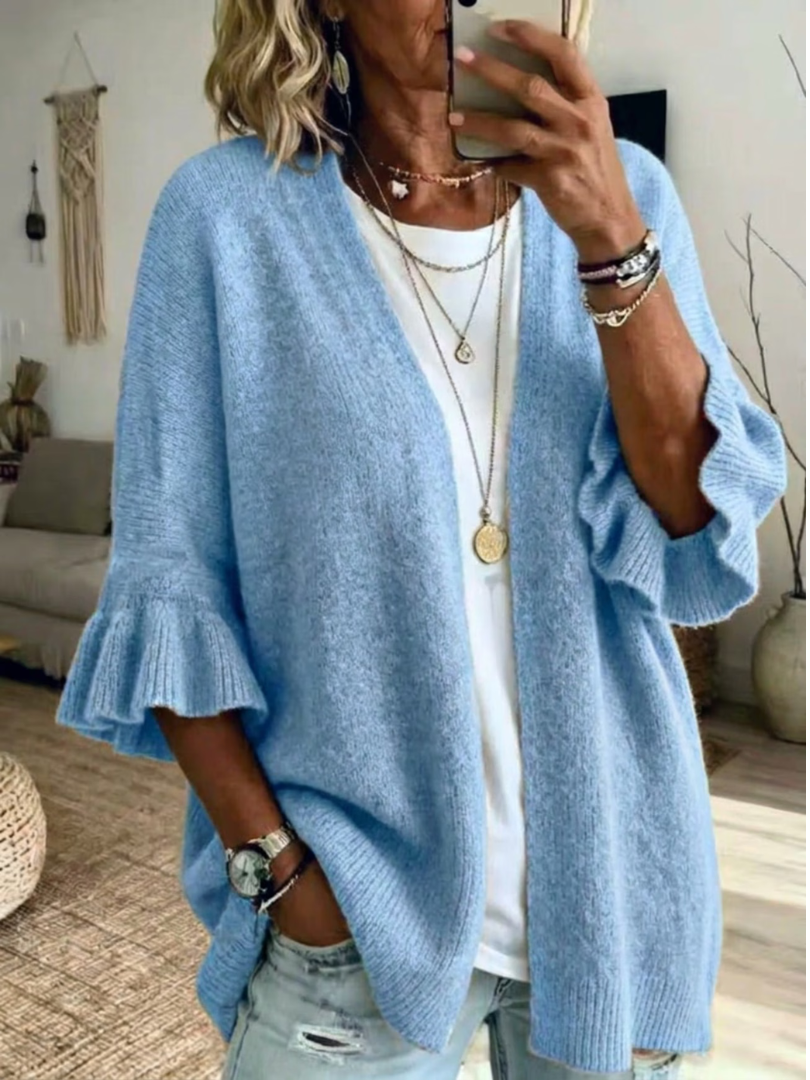Gilet femme en maille ouvert avec manches volantes
