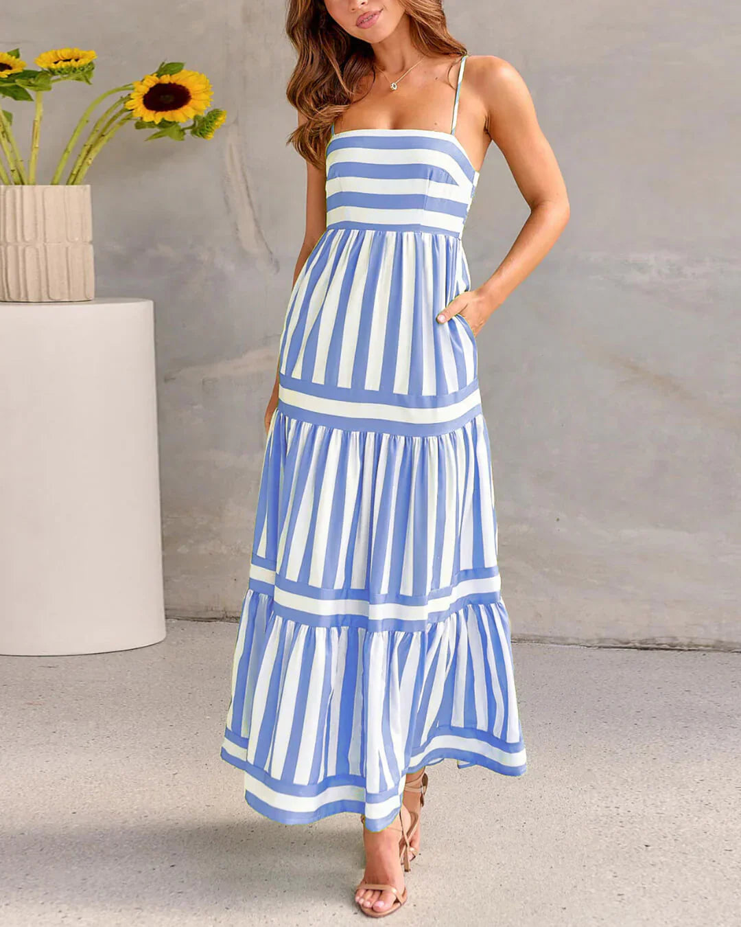 Robe Femme Rayée Longue Bretelles Coupe Fluide Été Élégante