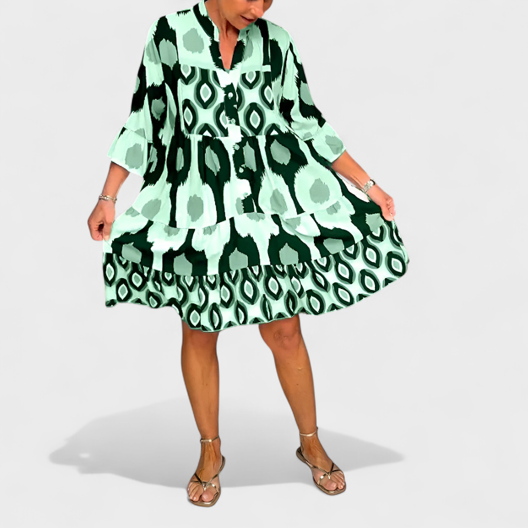 Robe Femme Ample Col V Boutonné Imprimé Géométrique Ikat Manches 3/4