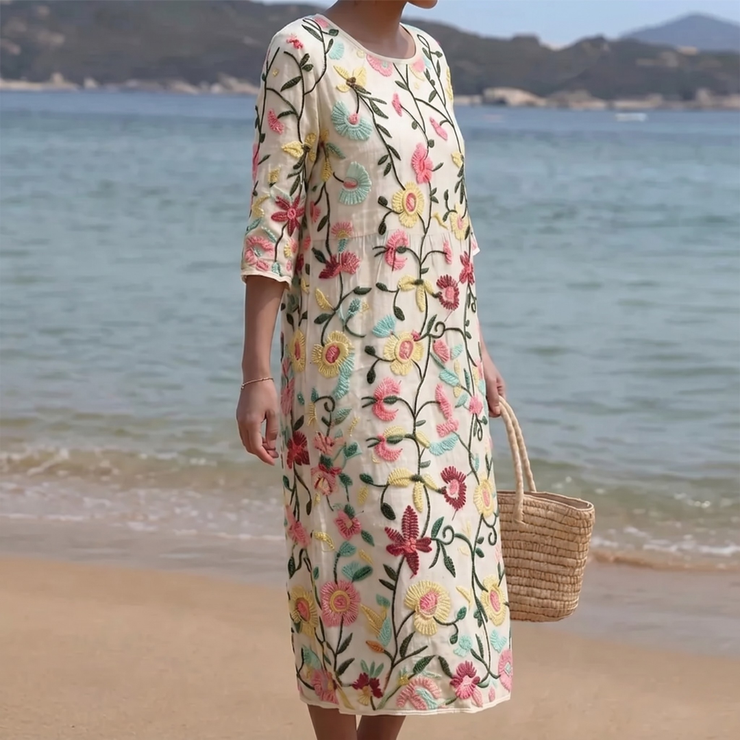 Robe femme midi à fleurs brodées multicolores et coupe fluide