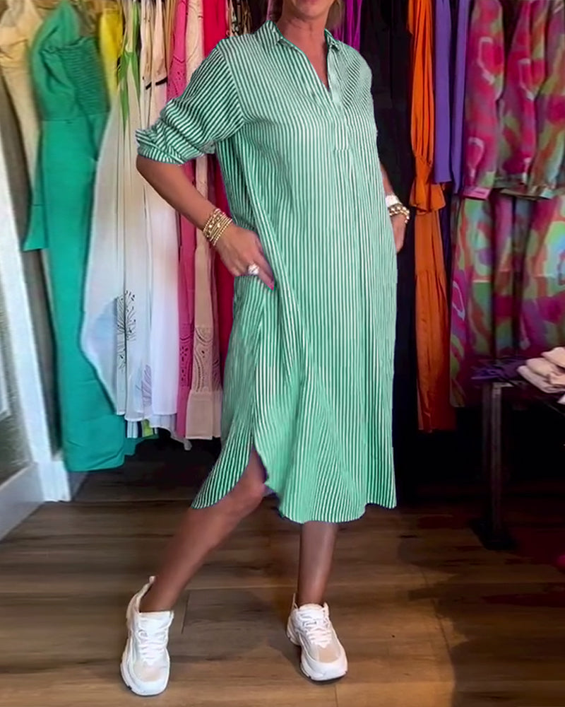 Robe femme chemise rayée fluide col revers manches longues élégante casual