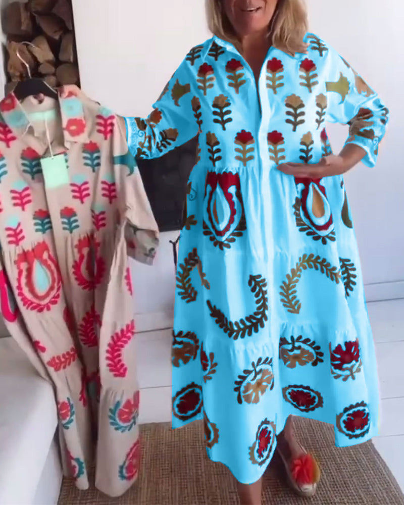 Robe femme midi imprimé floral graphique à col revers – style fluide été