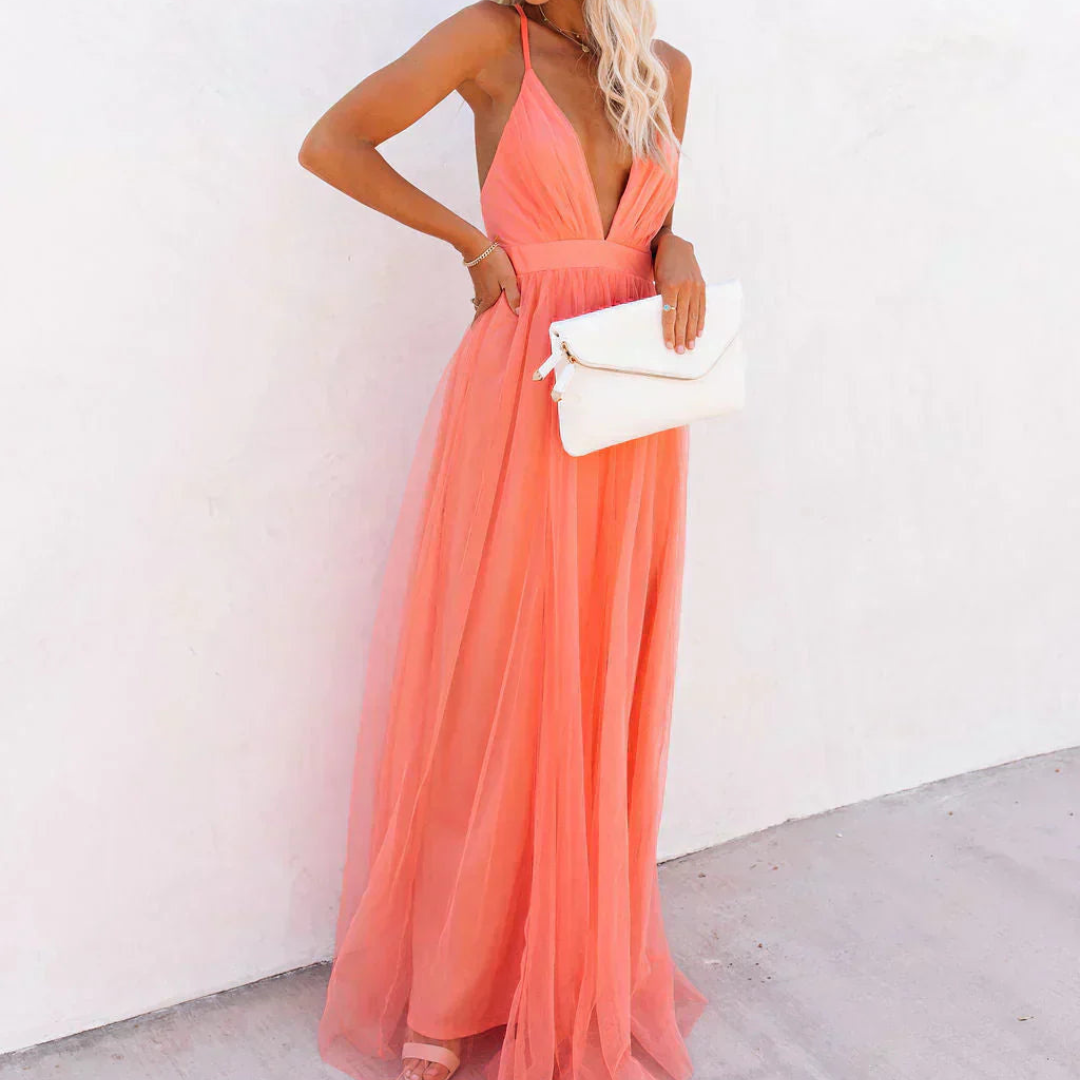 Robe Femme Longue Fluide Col V Dos Nu Élégante Soirée