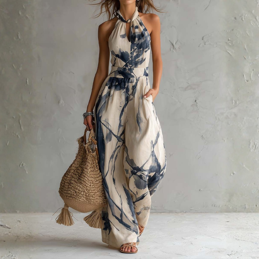 Combinaison femme à col halter avec imprimé artistique et jambes larges