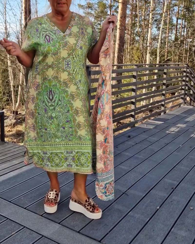 Robe Femme Midi Imprimée Col V Coupe Droite Confort Été