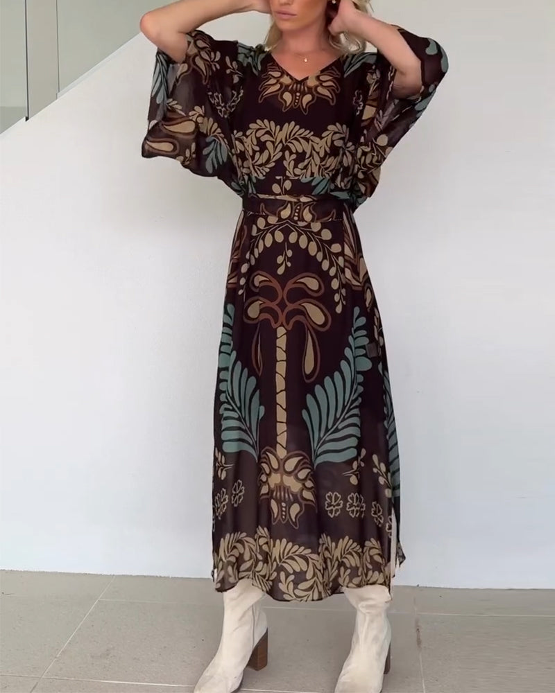 Robe Maxi Bohème Femme Col V Imprimé Feuilles Élégant